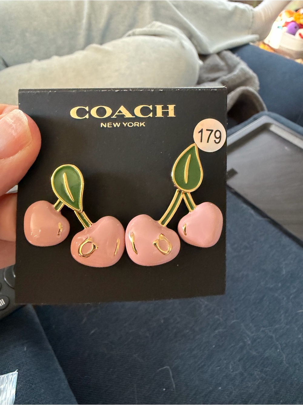 COACH Pink Cherry Enamel Drop Earrings with Green Leaves
